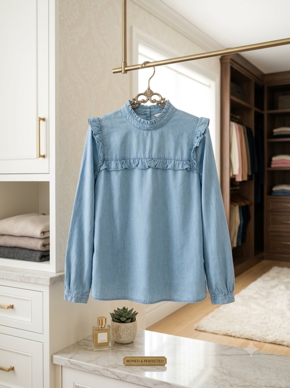 LOFT Light Blue Ruffle Yoke Chambray Long Sleeve Top